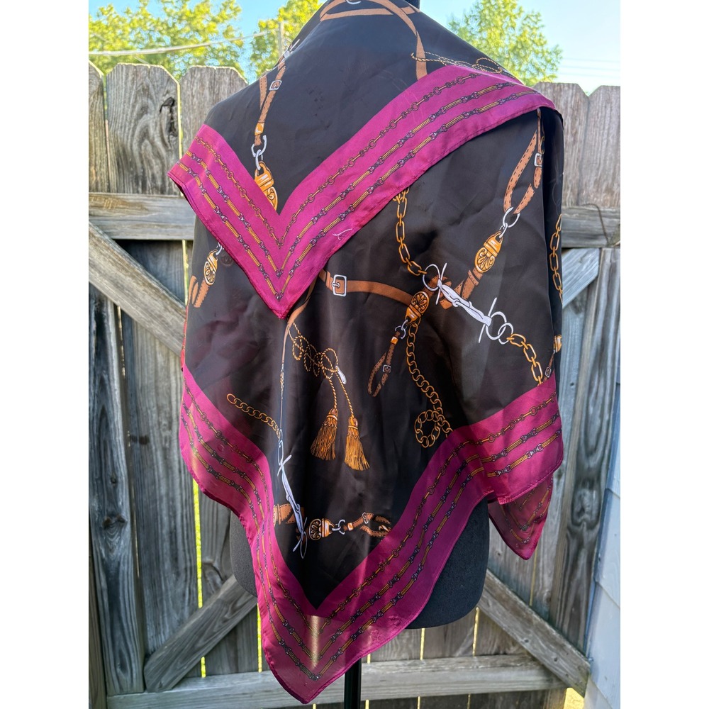 Vintage Equestrian Chain Belt Print Square Scarf Black Magenta Pink 35x35